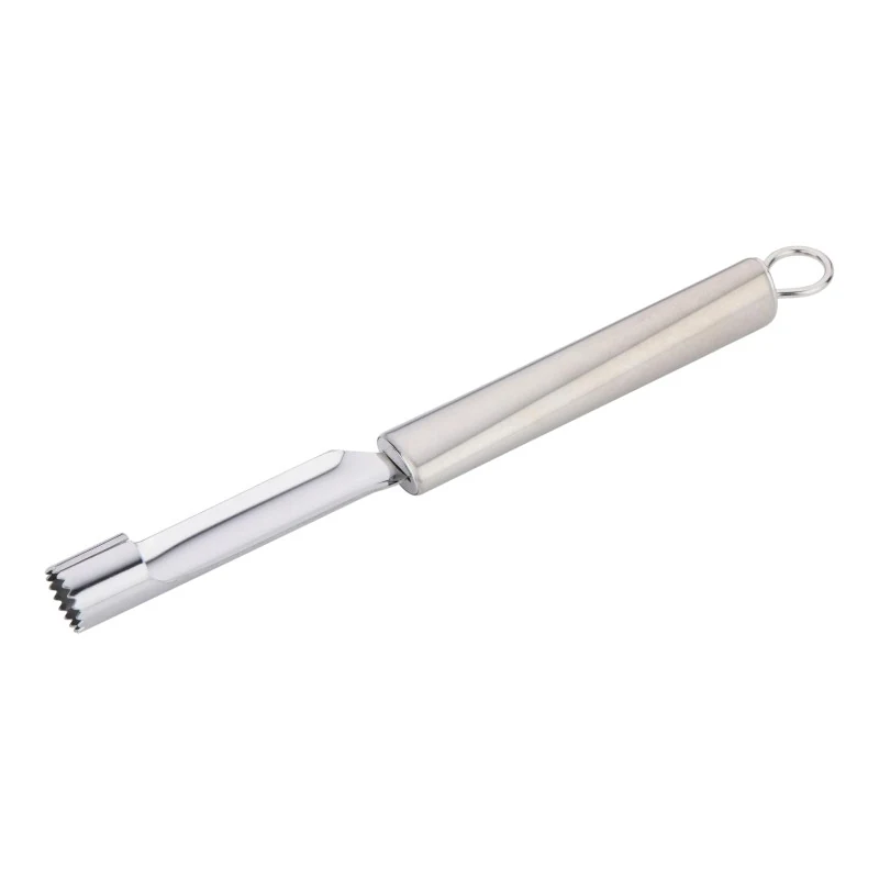 Stainless-steel apple corer with a serrated tip and hanging loop