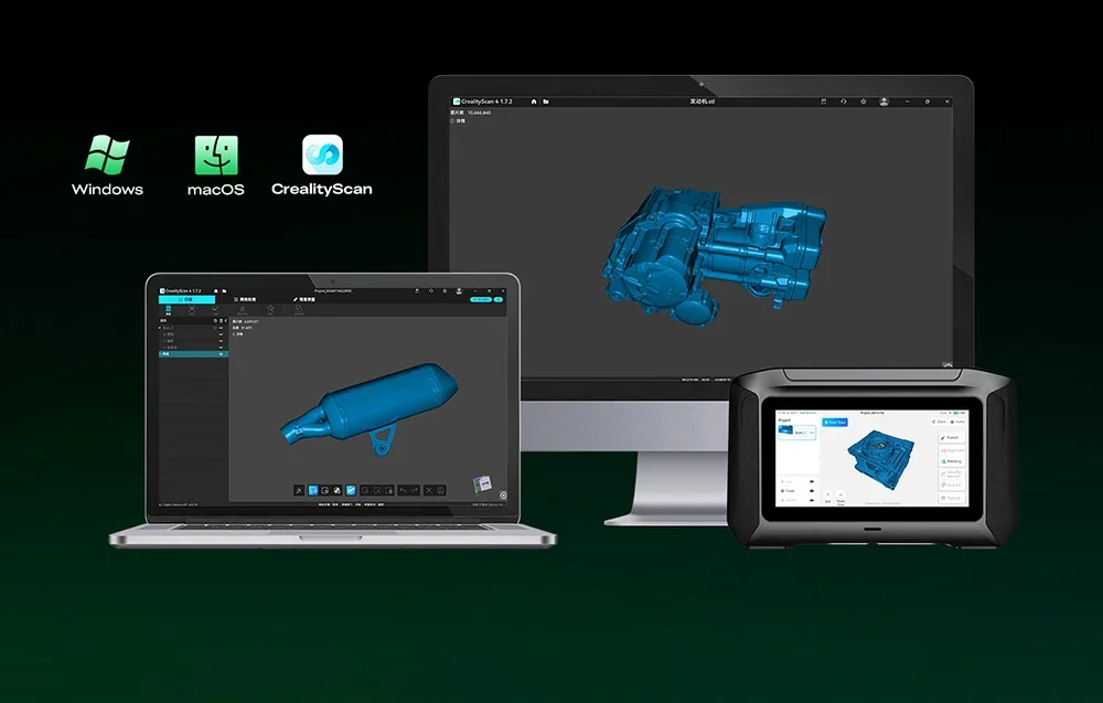 CrealityScan software ekraanidel koos mootorrattaosade 3D mudelitega
