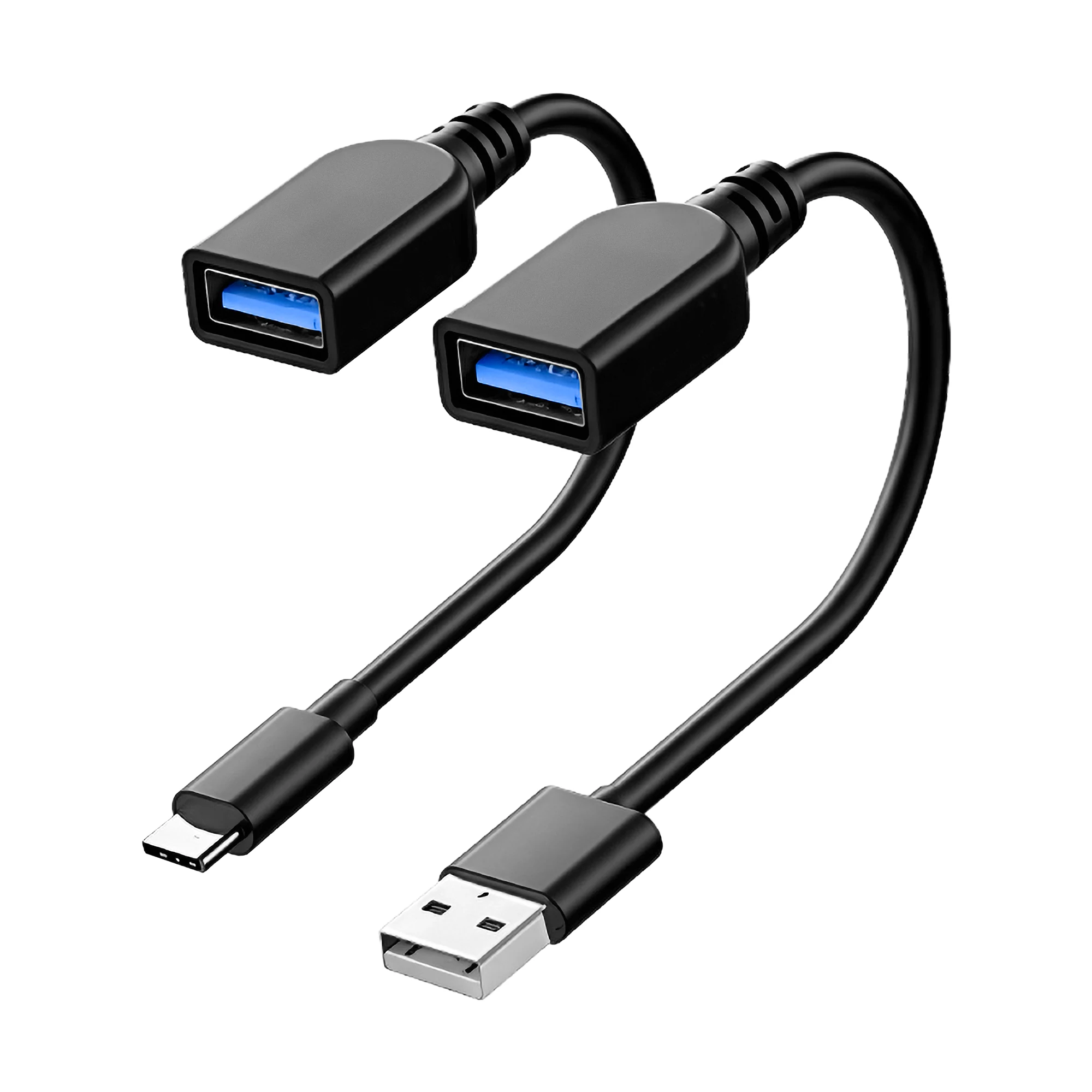 Kaks lühikest kaablit USB-A pesade ning USB-C ja USB-A pistikutega