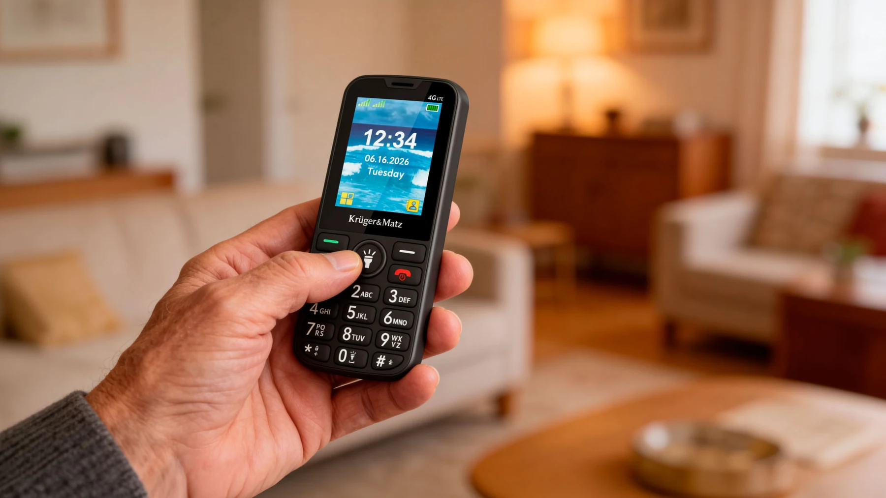 Käsi hoiab elutoas musta Kruger&Matz Simple 924 telefoni