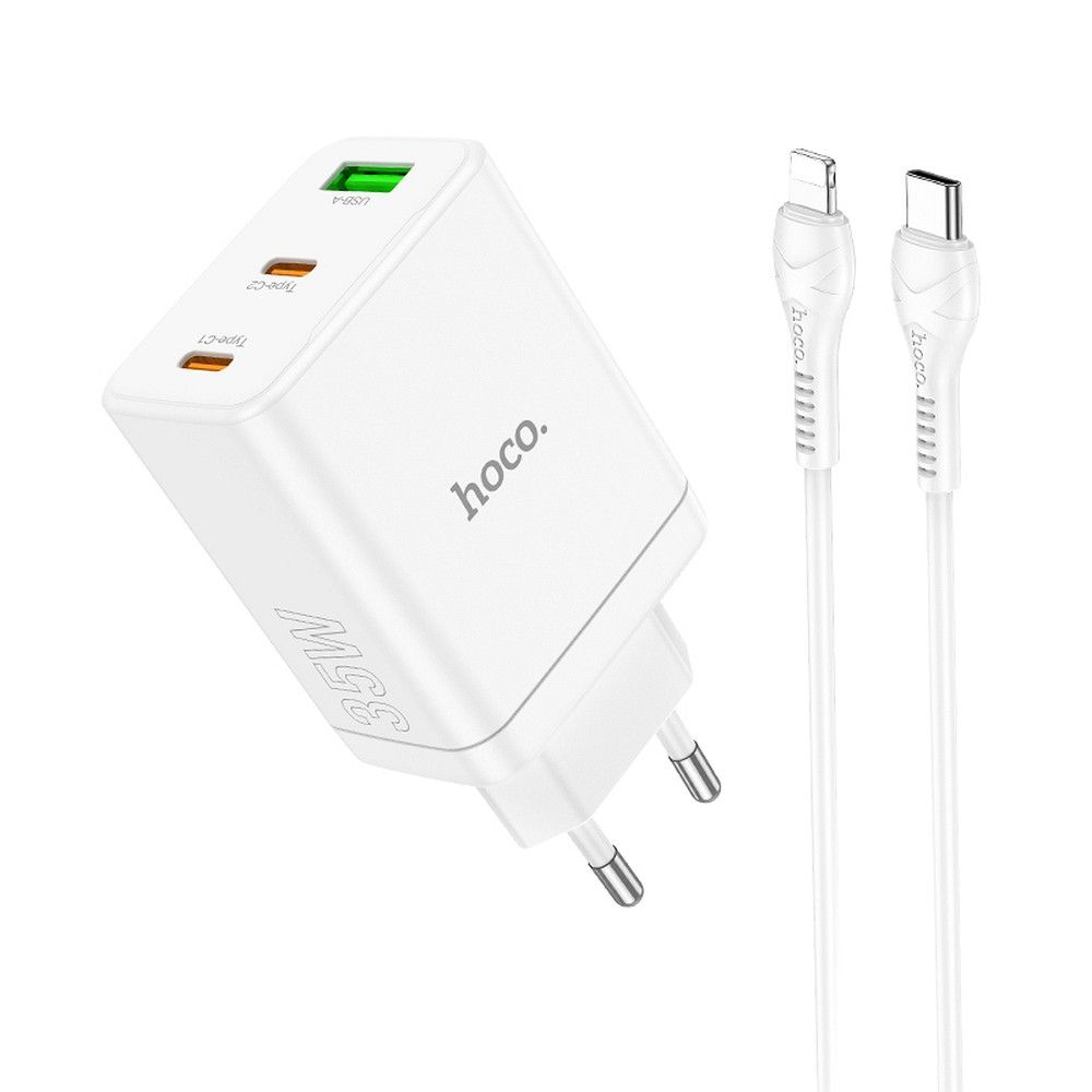 Phone Laadija Hoco 2 x USB C + USB A QC3.0 PD 3A 35W + Kaabel USB C to Lightning N33 valge
