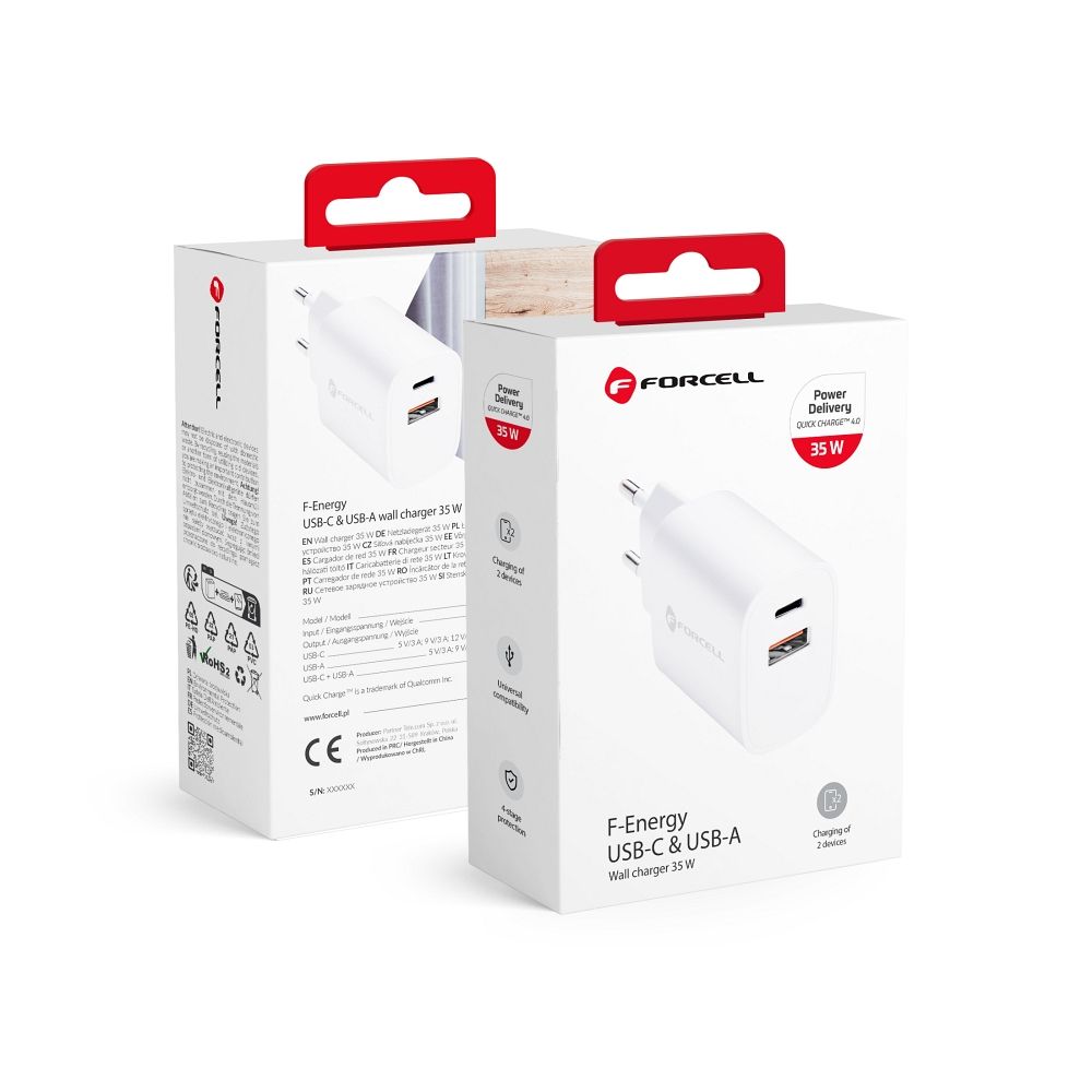 Phone laadija Forcell F-Energy USB C + USB A QC4.0 PD 3A 35W TFK-TC-35WPD valge