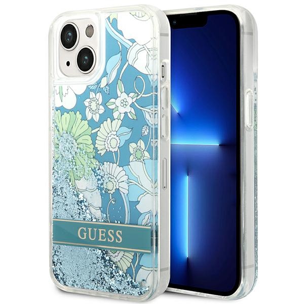 GUESS ümbris jaoks IPHONE 13 / 14 / 15 GUHCP14SLFLSN (Flower Liquid Glitter) roheline