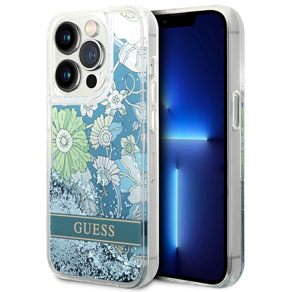 Guess Flower Liquid Glitter ümbris jaoks iPhone 14 Pro Max - roheline