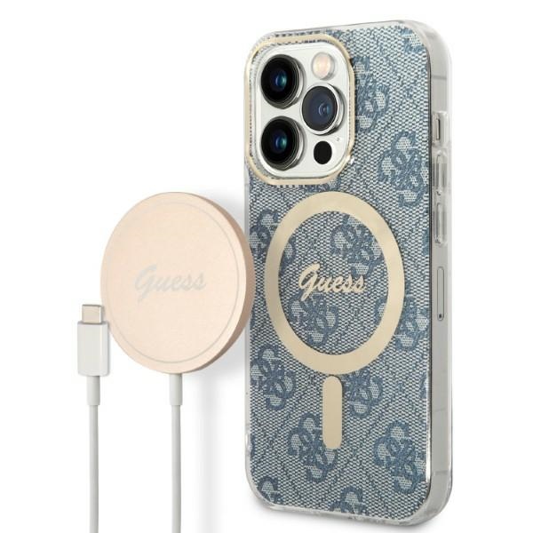 GUESS set jaoks IPHONE 14 Pro compatible with MagSafe GUBPP14LH4EACSB (Bundle Pack / Ümbris + Charger / 4G) kuldne sinine