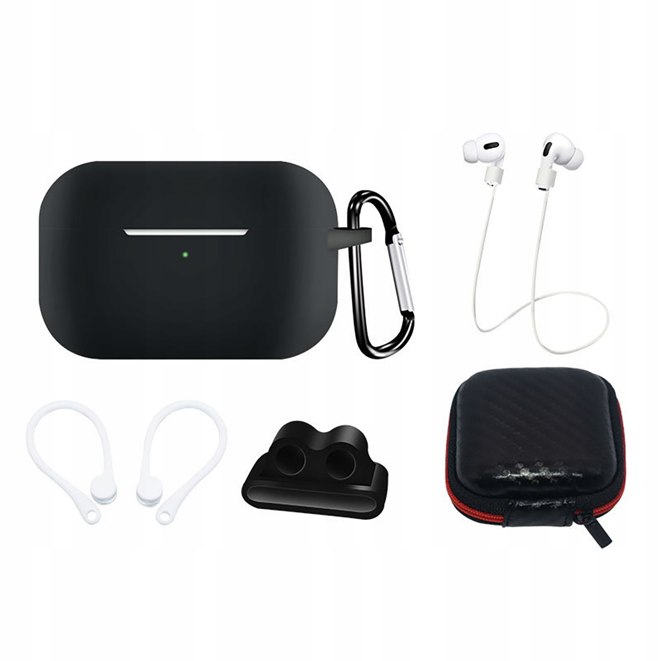 Silicone Ümbris Set jaoks AirPods Pro 2 / AirPods Pro 1 + Ümbris / Ear Hook / Neck Strap / Watch Strap Holder / Carabiner - must