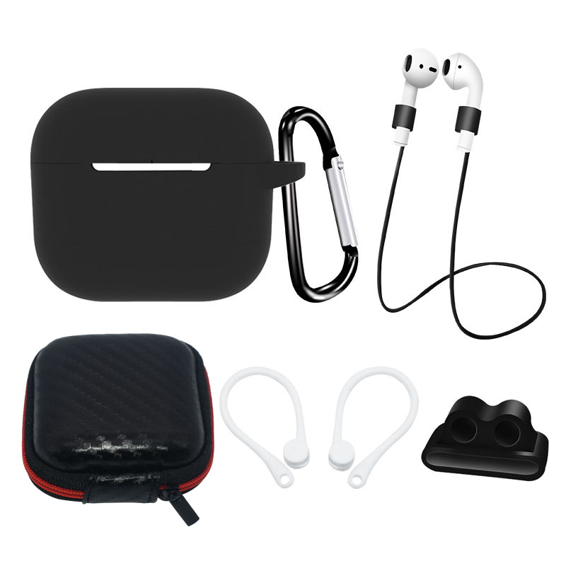 AirPods 3 Silicone Ümbris Set + Ümbris/Ear Hook/Neck Strap/Watch Strap Holder/Carabiner Clasp - must