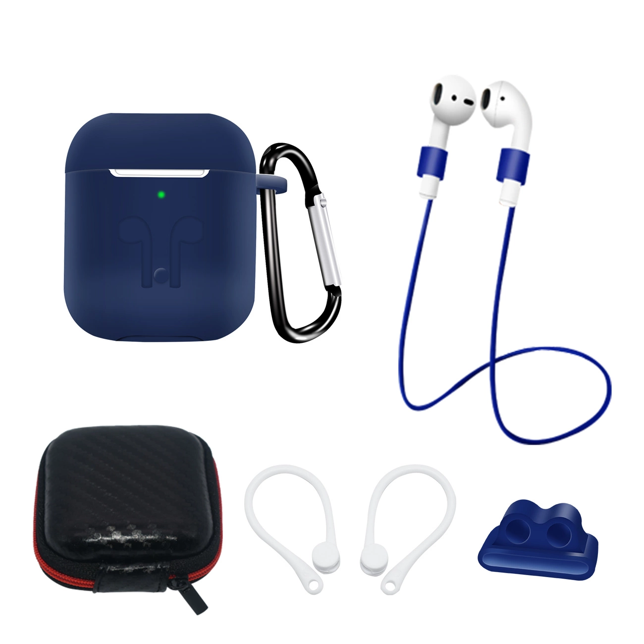 Set of AirPods 2 / AirPods 1 silicone ümbris + ümbris / ear hook / neck strap / watch strap holder / carabiner - sinine