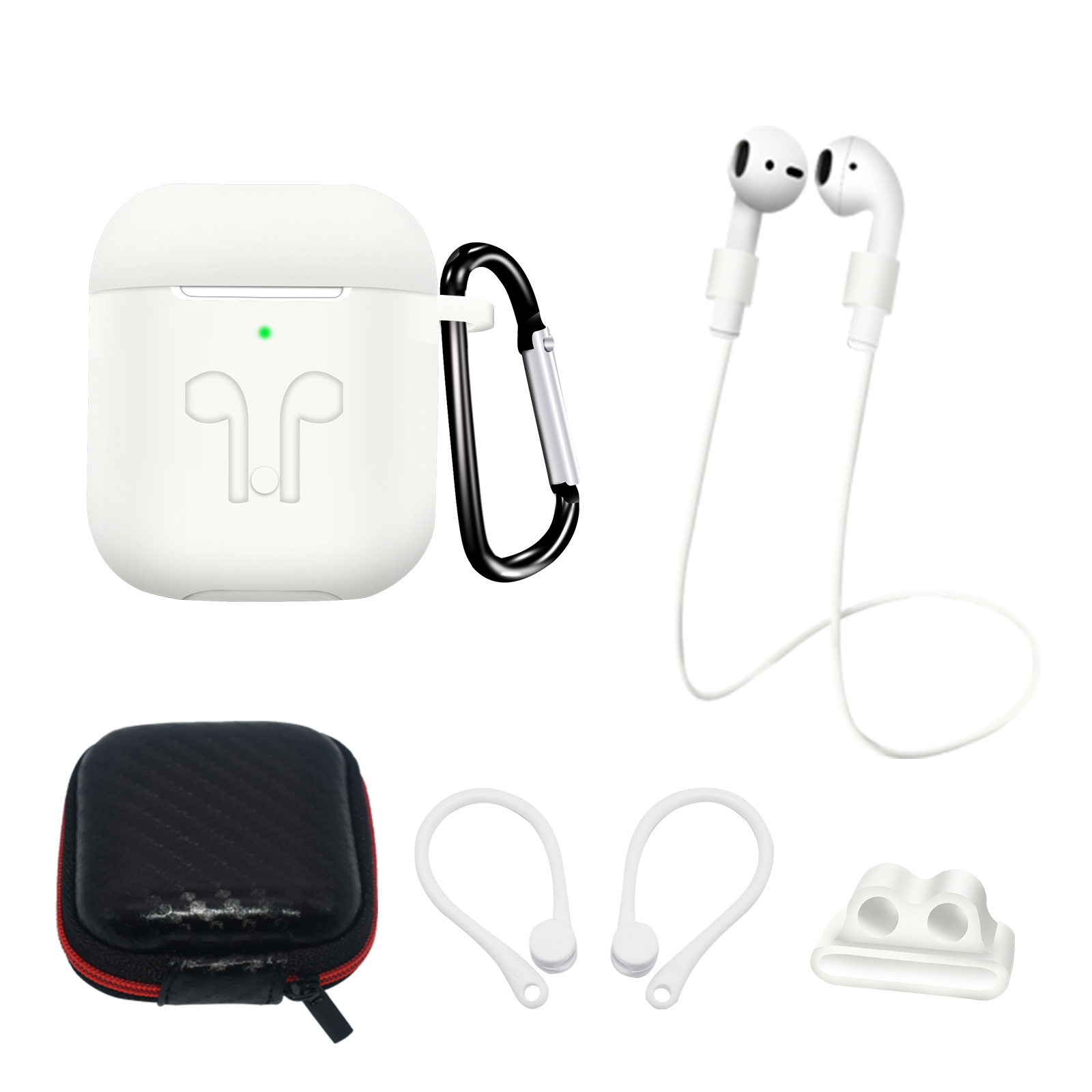 Silicone Ümbris Set jaoks AirPods 2 / AirPods 1 + Ümbris / Ear Hook / Neck Strap / Watch Strap Holder / Carabiner - valge