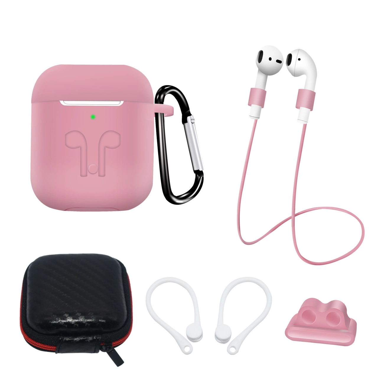 Set of AirPods 2 / AirPods 1 silicone ümbris + ümbris / ear hook / neck strap / watch strap holder / carabiner - roosa