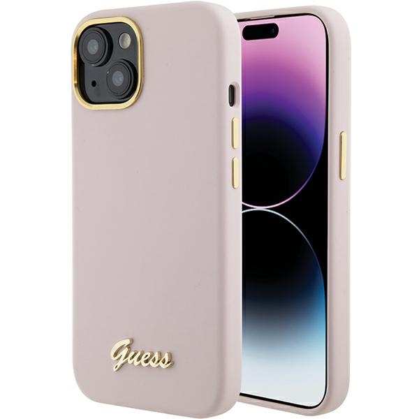Guess Silicone Script Metal Logo & Frame ümbris jaoks iPhone 15 - roosa