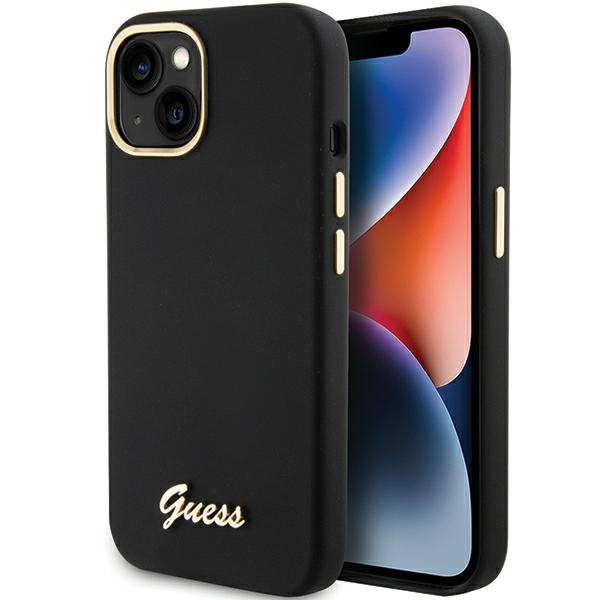 Guess Silicone Script Metal Logo & Frame ümbris jaoks iPhone 15 - must