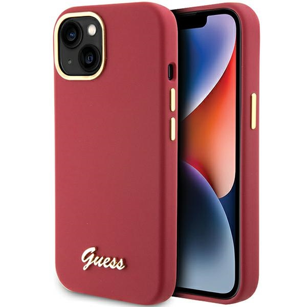 Guess Silicone Script Metal Logo & Frame ümbris jaoks iPhone 15 - punane