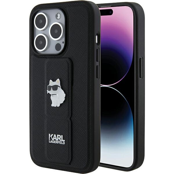 Karl Lagerfeld Gripstand Saffiano Choupette Pins ümbris jaoks iPhone 15 Pro - must