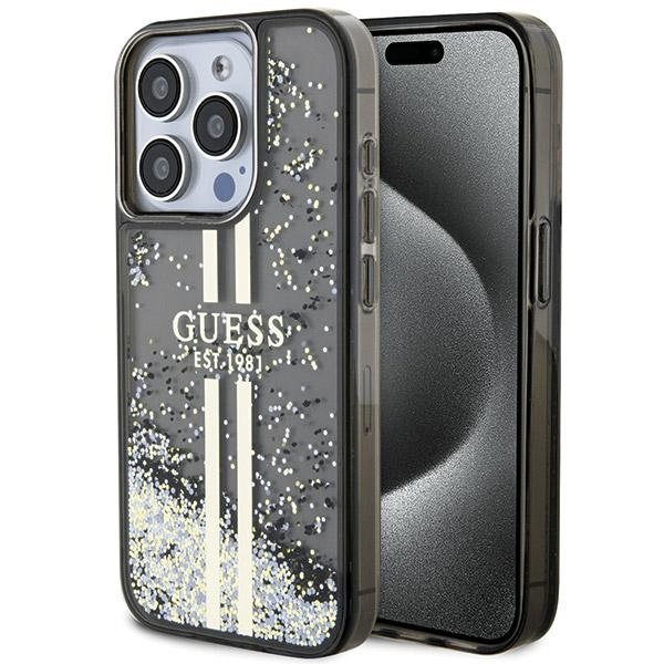 Guess Liquid Glitter kuldne Stripes ümbris jaoks iPhone 15 Pro - must