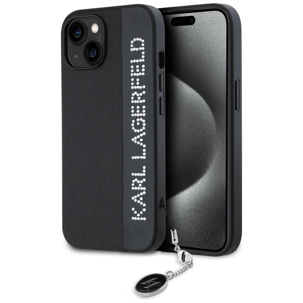 Karl Lagerfeld Saffiano Rhinestones & Charm ümbris jaoks iPhone 15 / 14 / 13 - must