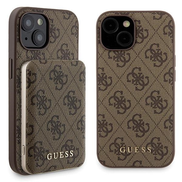Guess 4G Metal Logo ümbris set jaoks iPhone 15 + 5000mAh MagSafe power bank - brown