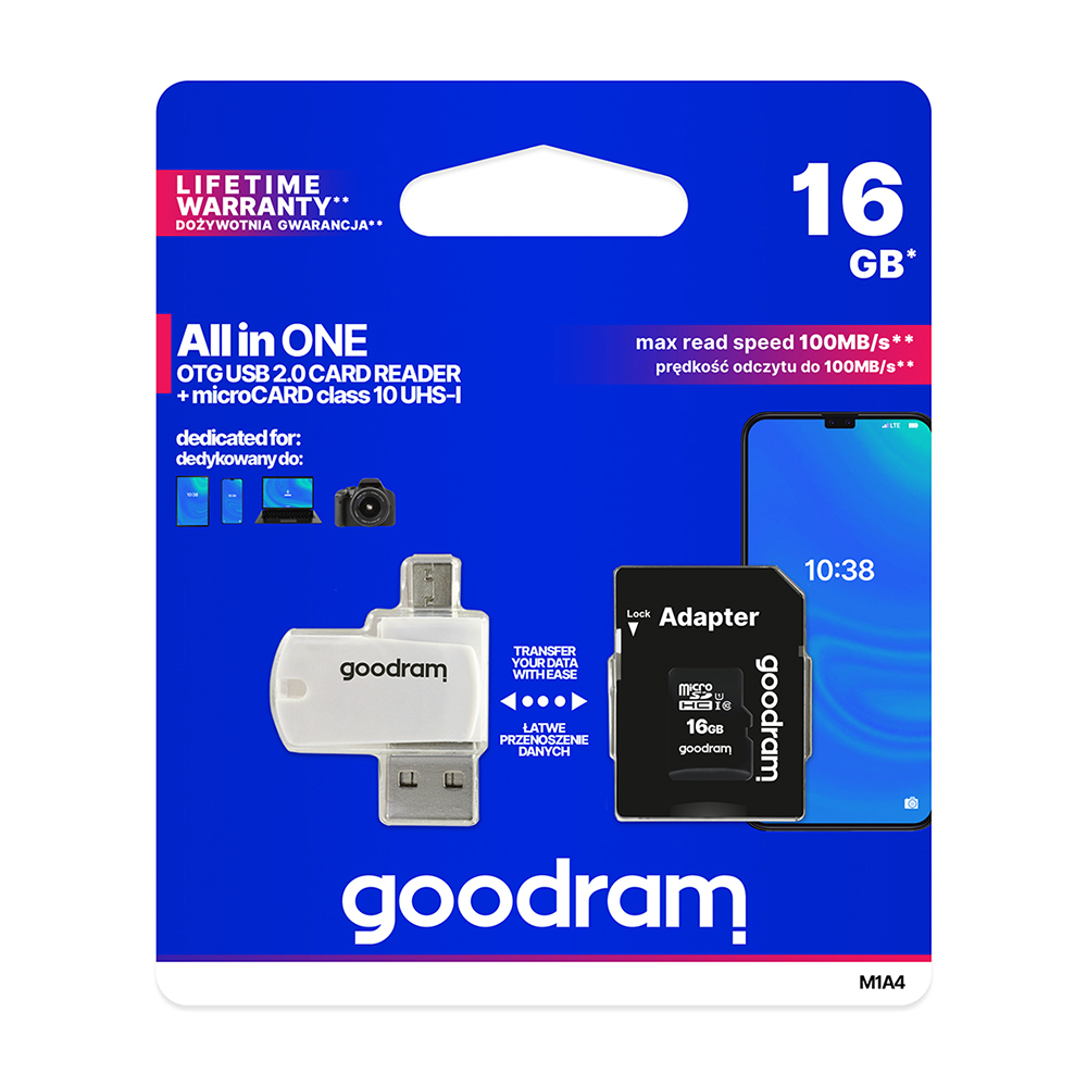 GOODRAM Memory MicroSD Card All in one - 16GB with adapter UHS I CLASS 10 100MB/s + reader