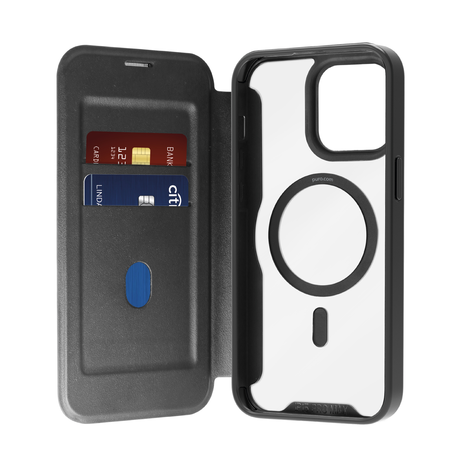 Puro Book Mag MagSafe Leather Ümbris with Flap and Card Slot jaoks iPhone 16 Pro Max - Must