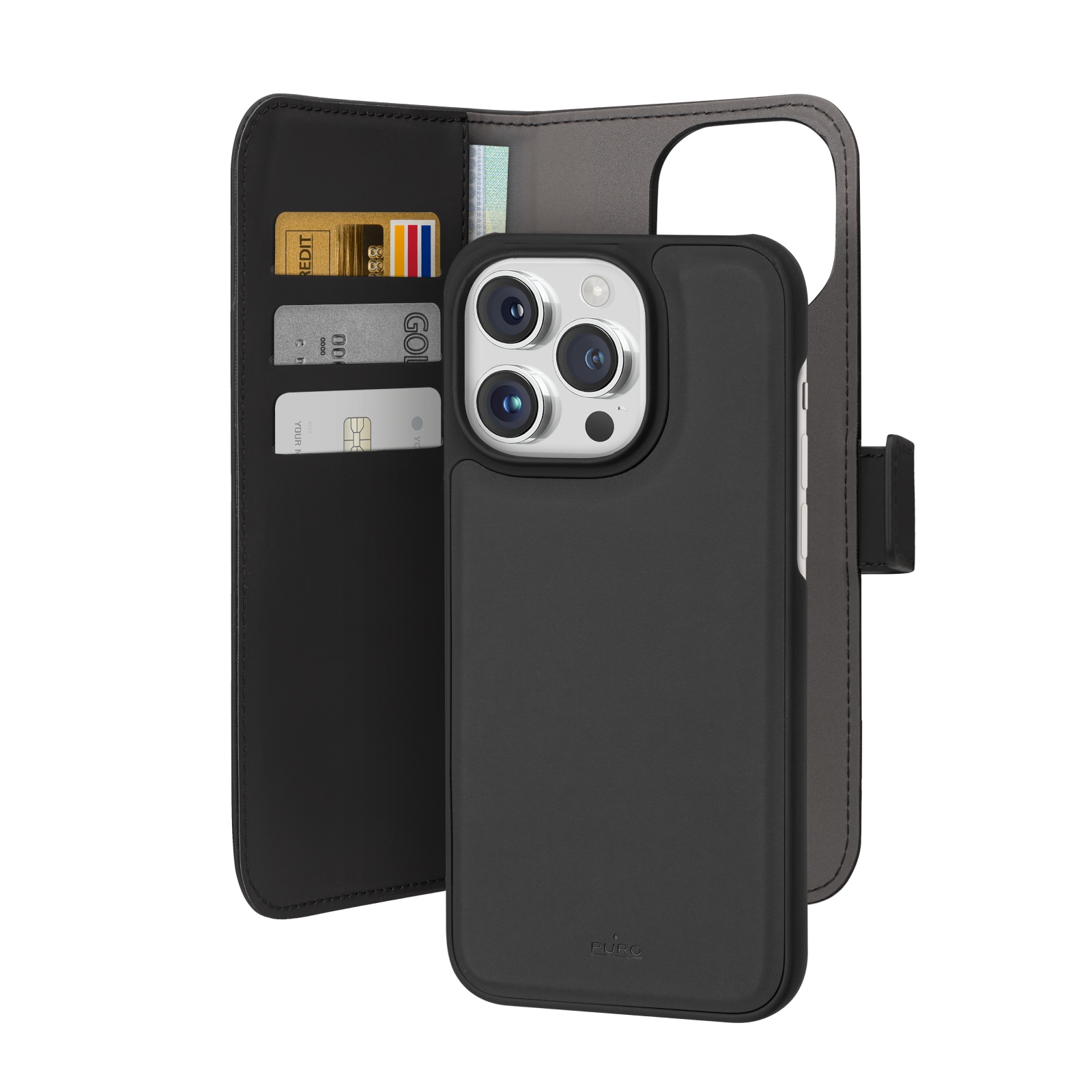 Puro Wallet Detachable MagSafe 2in1 PU Leather Ümbris with Flap and Wallet jaoks iPhone 15 Pro - Must