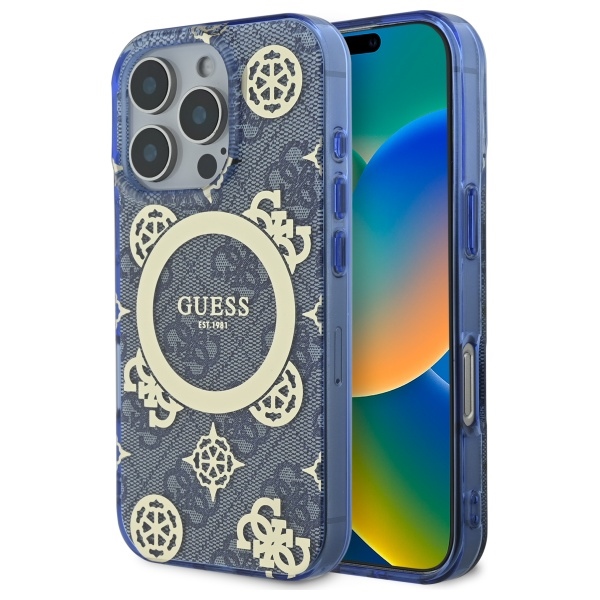 Guess IML Peony jaoks 4G Background MagSafe Ümbris jaoks iPhone 16 Pro - sinine