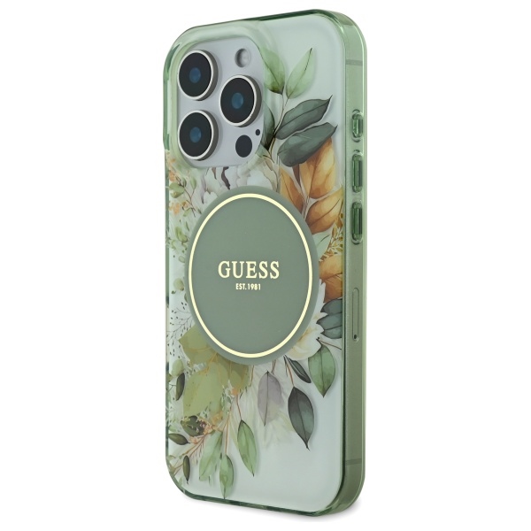 Guess IML Flower & Tonal Circle MagSafe ümbris jaoks iPhone 16 Pro Max - roheline