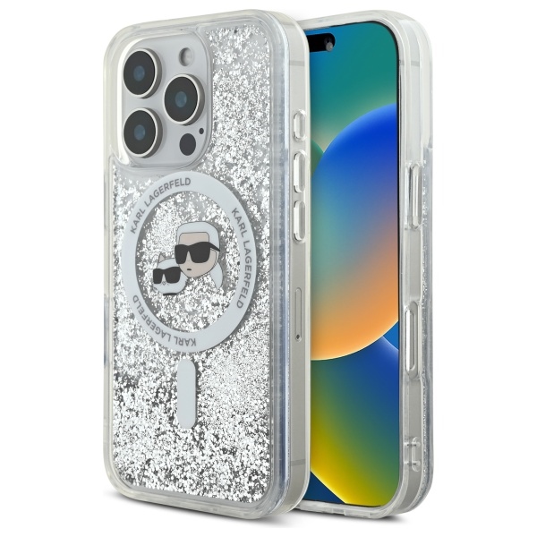 Karl Lagerfeld Liquid Glitter Karl & Choupette Head Magsafe Ümbris jaoks iPhone 16 Pro Max - Clear