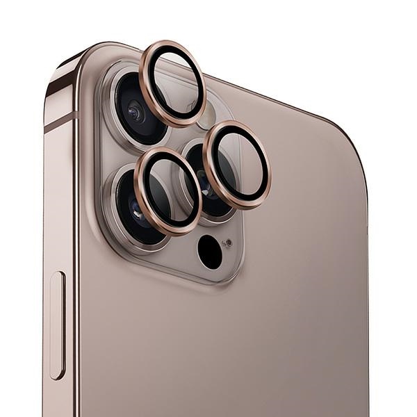 Uniq Optix Aluminum Camera Lens Protector iPhone 16 Pro 6.3" / 16 Pro Max 6.9" taupe kuldne camera lens glass with applicator