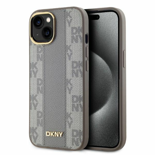 DKNY Leather Checkered Mono Pattern MagSafe iPhone 14 Ümbris - Beige