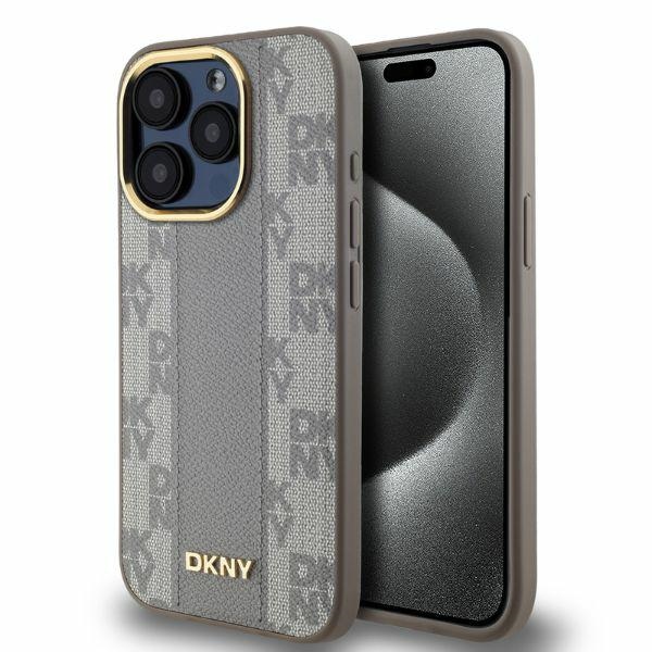 DKNY Leather Checkered Mono Pattern MagSafe iPhone 15 Pro Max Ümbris - Beige