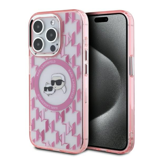 Karl Lagerfeld IML Monogram Karl & Choupette Head MagSafe iPhone 15 Pro Ümbris - roosa