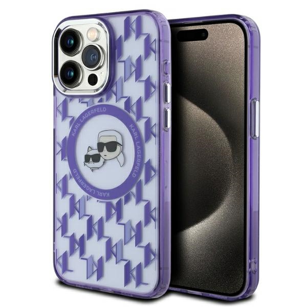 Karl Lagerfeld IML Monogram Karl & Choupette Head MagSafe iPhone 15 Pro Ümbris - lilla