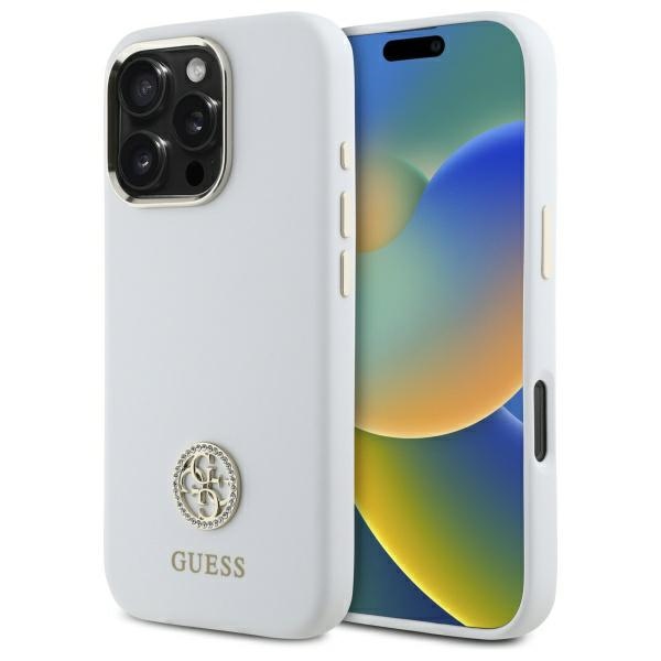 Guess Silicone Logo Strass 4G Ümbris jaoks iPhone 16 Pro Max - valge