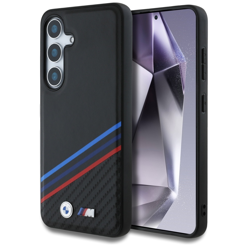 Original Ümbris BMW Leather Tricolor Crossing Stripes MagSafe jaoks Samsung Galaxy S25 must