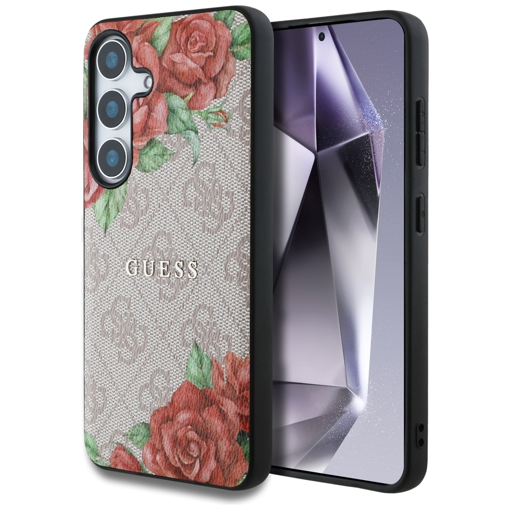 Guess Leather 4G Flowers Print Metal Classic Logo MagSafe Ümbris jaoks Samsung Galaxy S25 - roosa
