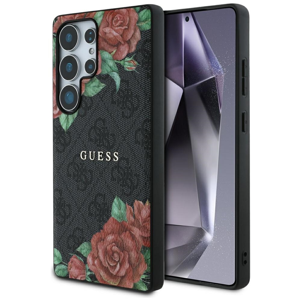 Guess Leather 4G Flowers Print Metal Classic Logo MagSafe Ümbris jaoks Samsung Galaxy S25 Ultra - must