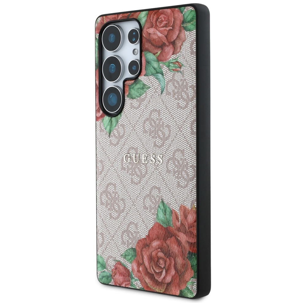 Guess Leather 4G Flowers Print Metal Classic Logo MagSafe Ümbris jaoks Samsung Galaxy S25 Ultra - roosa