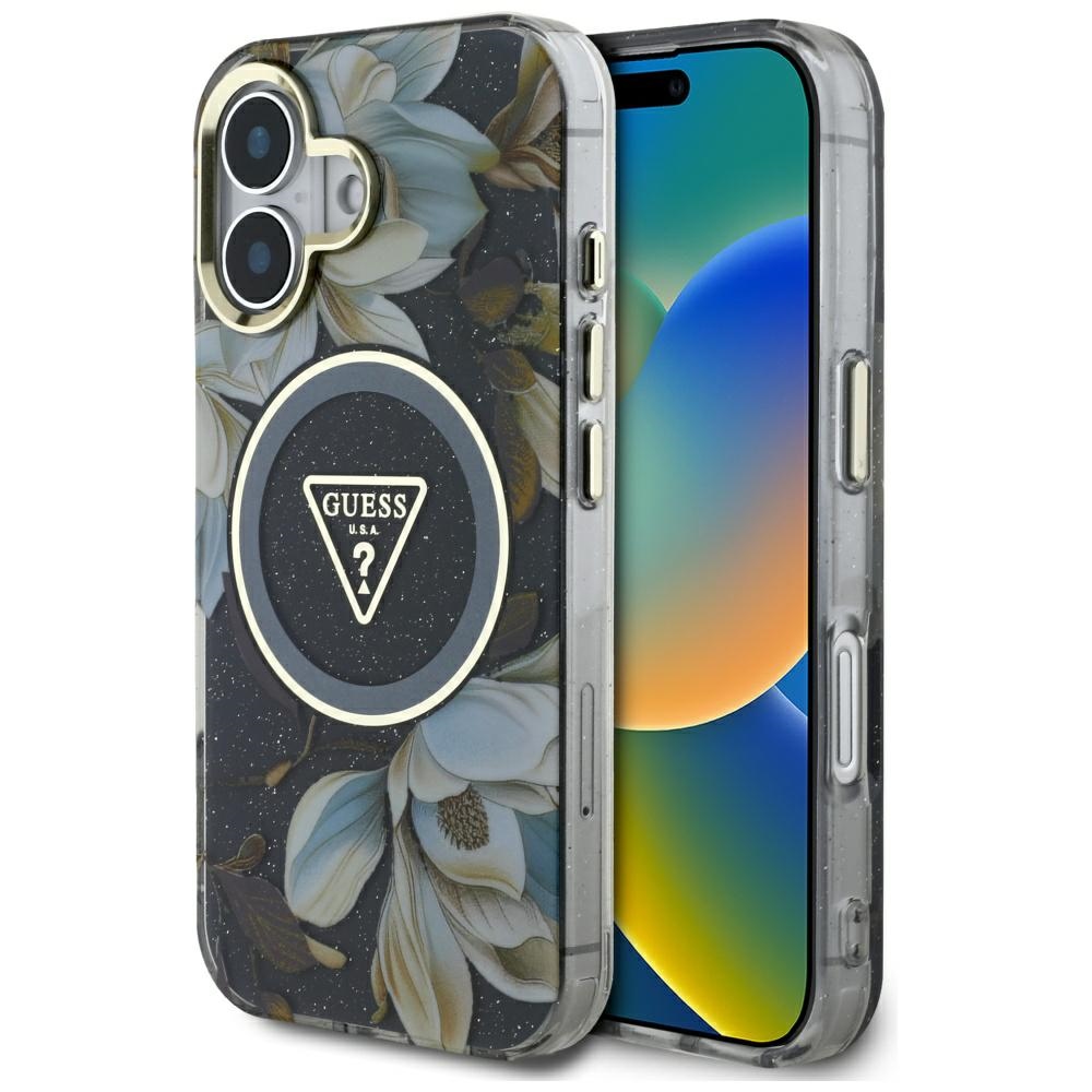 Guess Glitter Flowers Triangle Buttons MagSafe ümbris jaoks iPhone 16 must