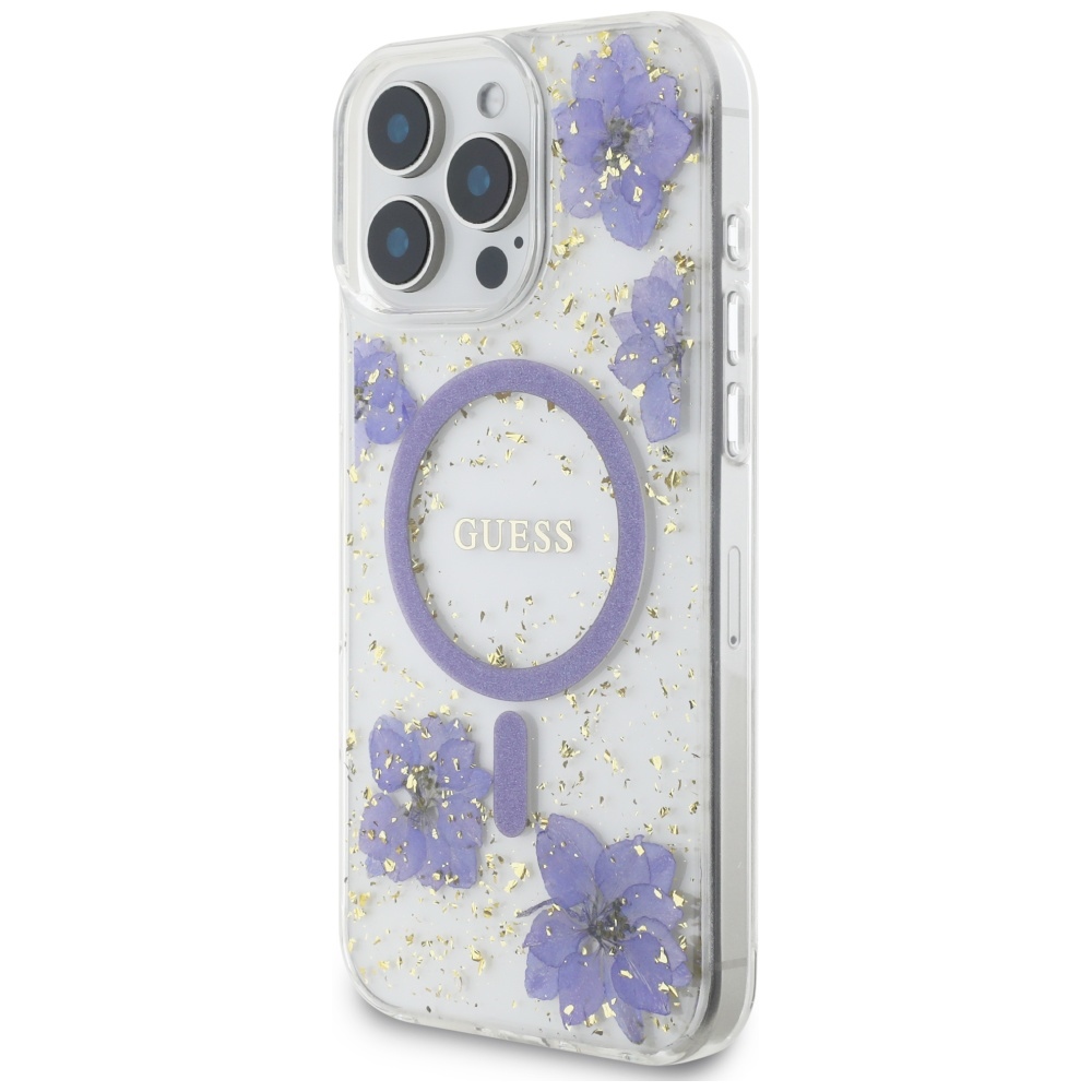 Guess Resin Flowers MagSafe ümbris jaoks iPhone 16 Pro - lilla