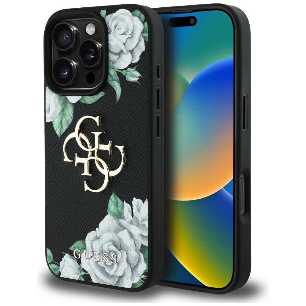 Guess Grained Roses Big 4G logo ümbris jaoks iPhone 16 Pro Max - must