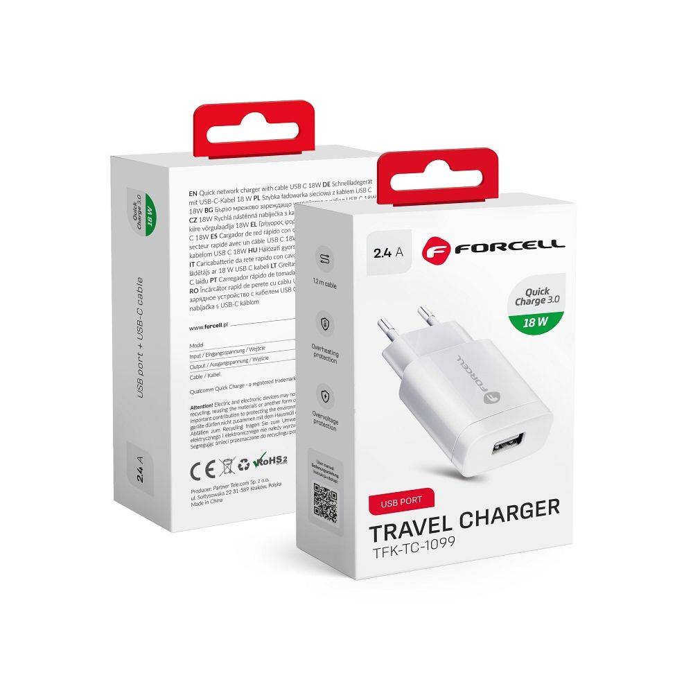 Phone laadija Forcell F-Energy USB A QC3.0 2,4A 18W TFK-TC-1099 valge
