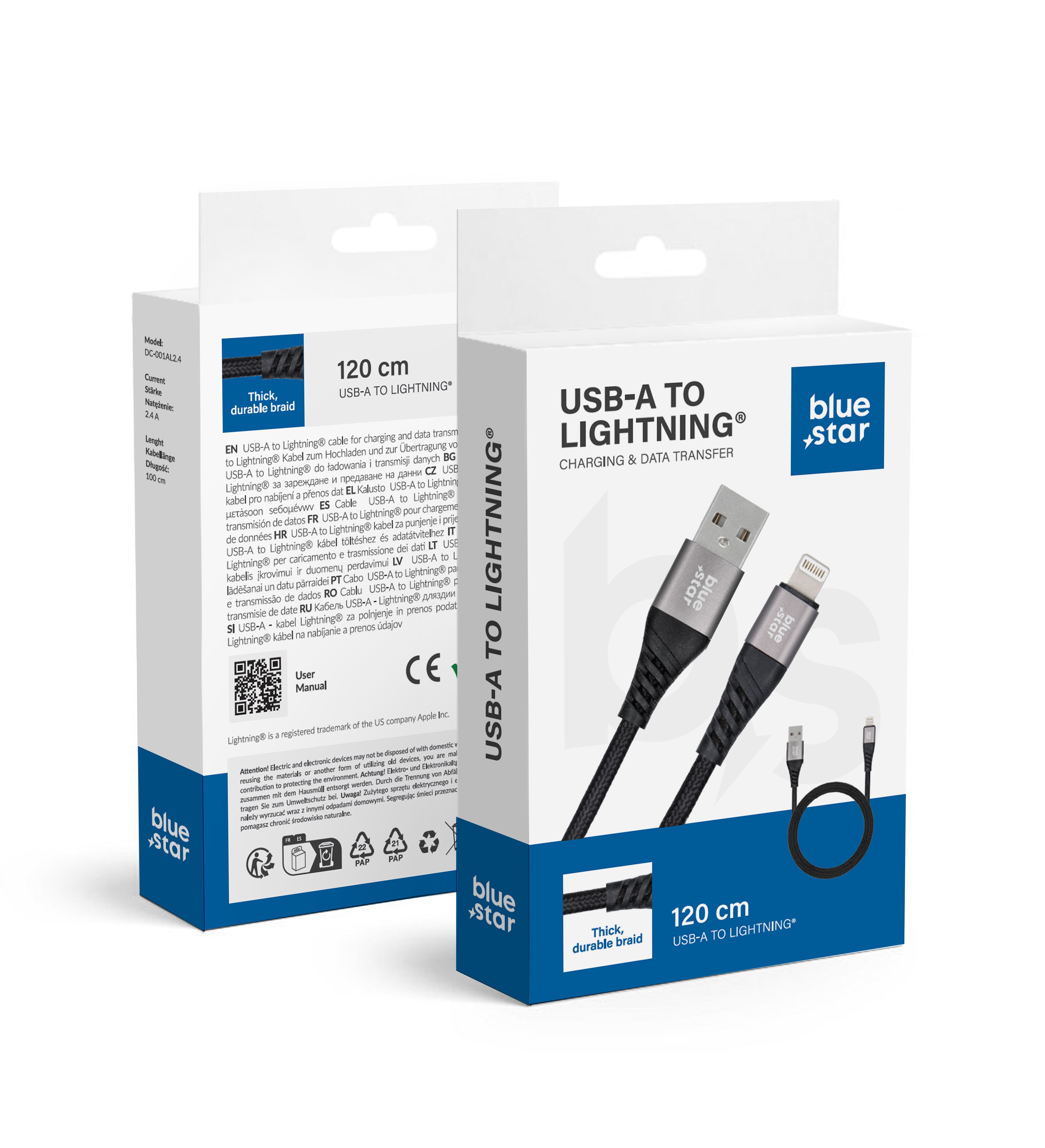 Kaabel USB A to Lightning Sinine Star 2,4A with braid 1,2 m TFK-DC-003 must