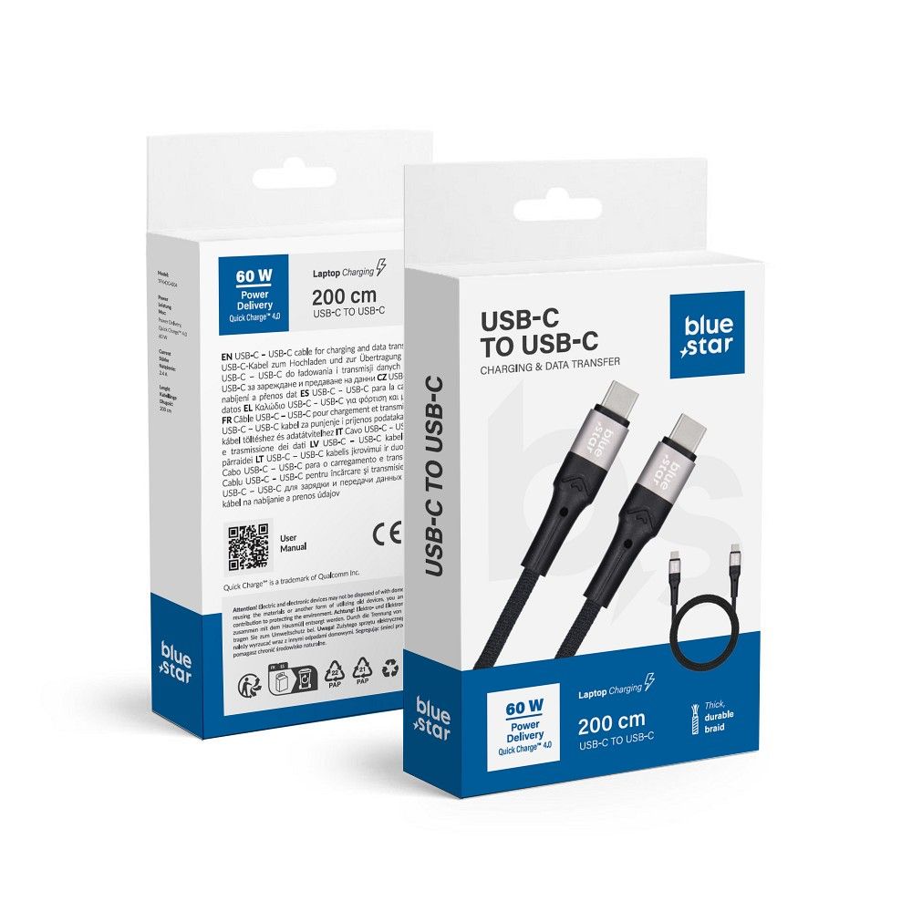 Kaabel USB C do USB C sinine Star 3A 60W PD QC4.0 with braid 2 m TFK-DC-004 must