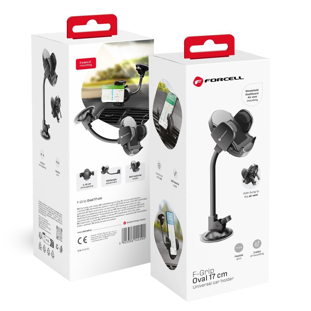 Car phone hoidja Forcell F-Grip Oval 17 cm windshield / dashboard / air vent must