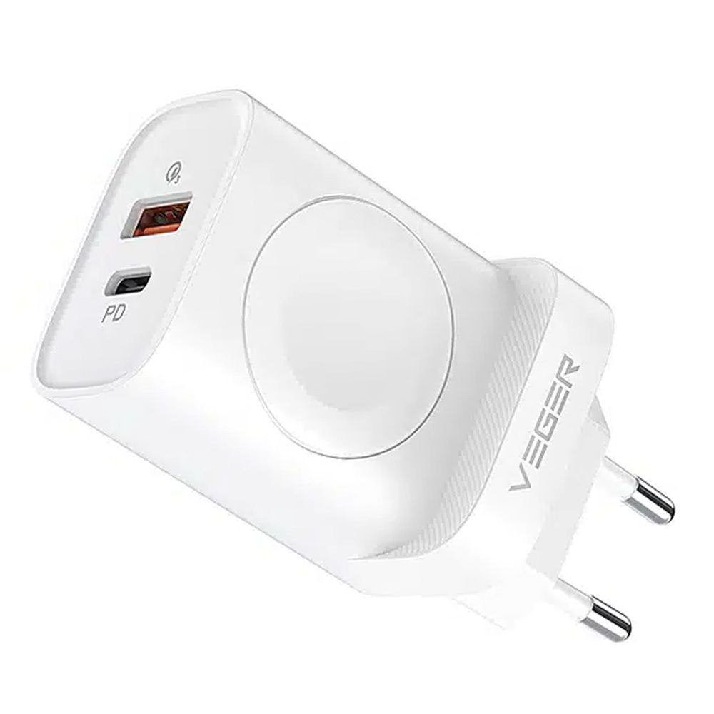 Phone laadija VEGER USB A + Typ C + juhtmevaba laadija compatible with Apple Watch PD QC3.0 3A 25W W002E valge