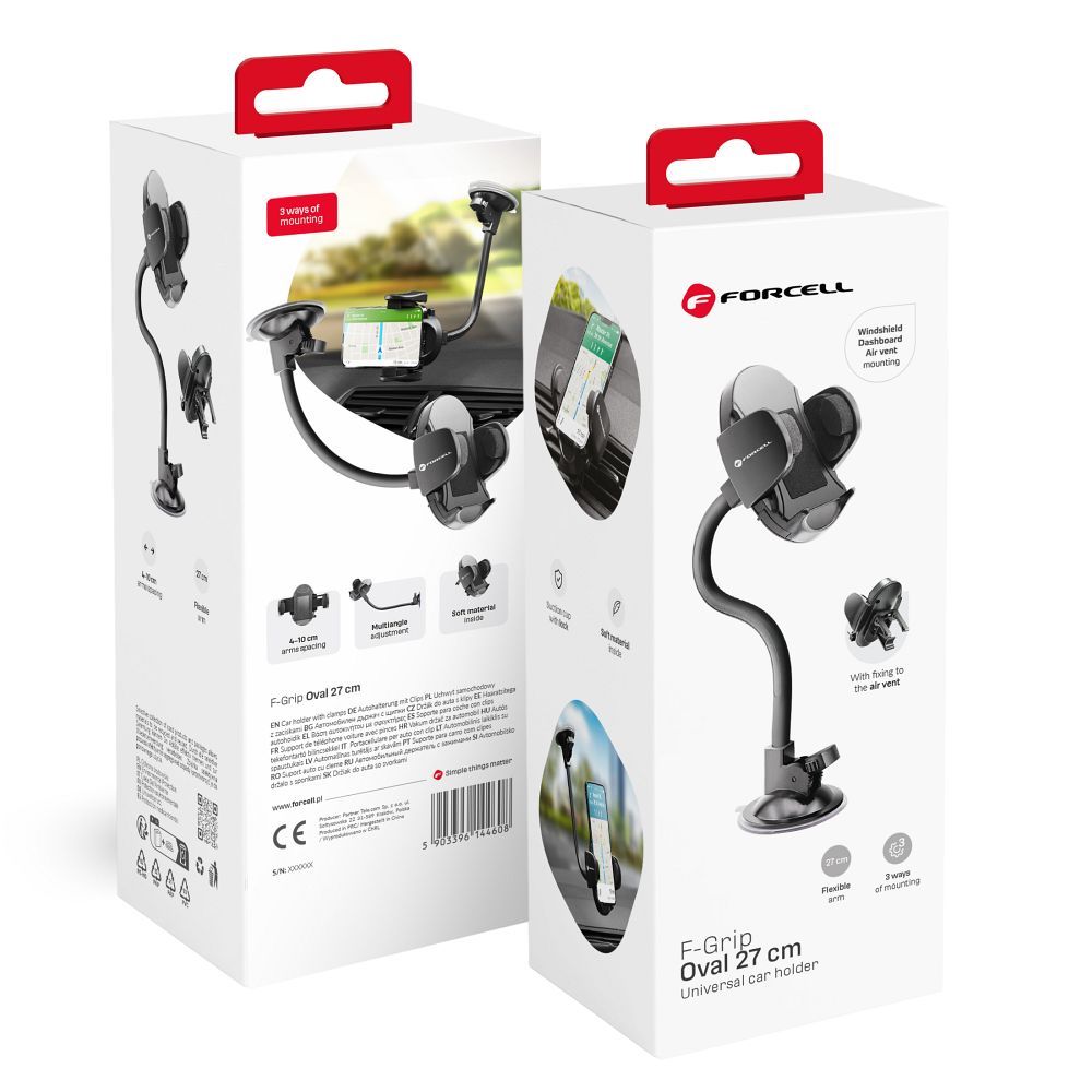 Car phone hoidja Forcell F-Grip Oval 27 cm windshield / dashboard / air vent must