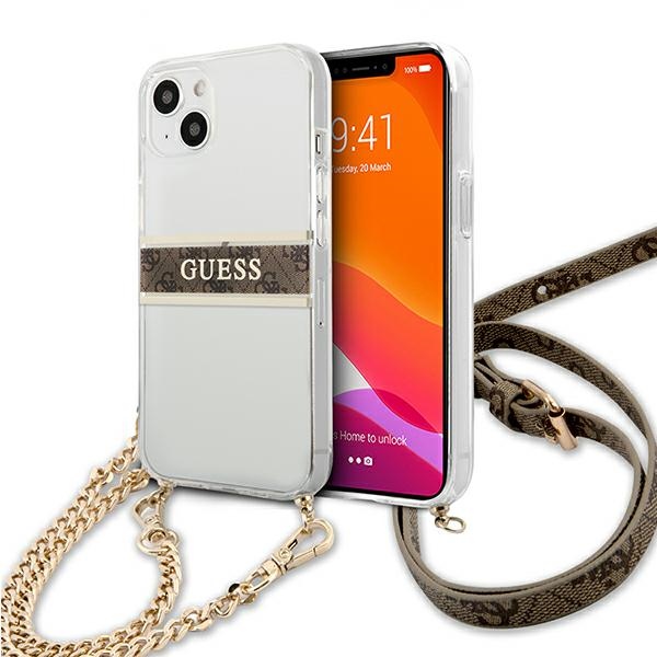 Guess GUHCP13SKC4GBGO iPhone 13 mini 5.4" läbipaistev kõvakott 4G pruun rihm kuldne kett
