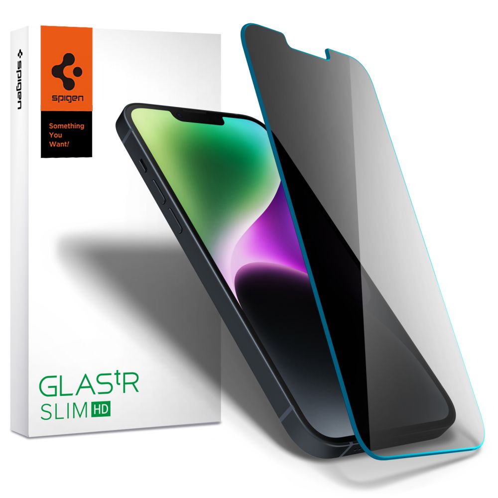 Spigen Glas.tR Slim Privacy karastatud klaas iPhone 13 / 13 Pro / 14 / 16e jaoks