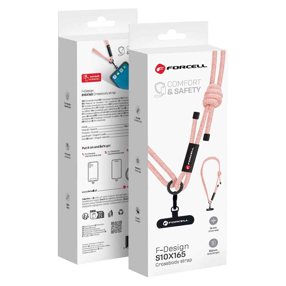 FORCELL F-DESIGN S10X165 crossbody phone lanyard with adjustable length (max 82,5cm in the loop) roosa valge