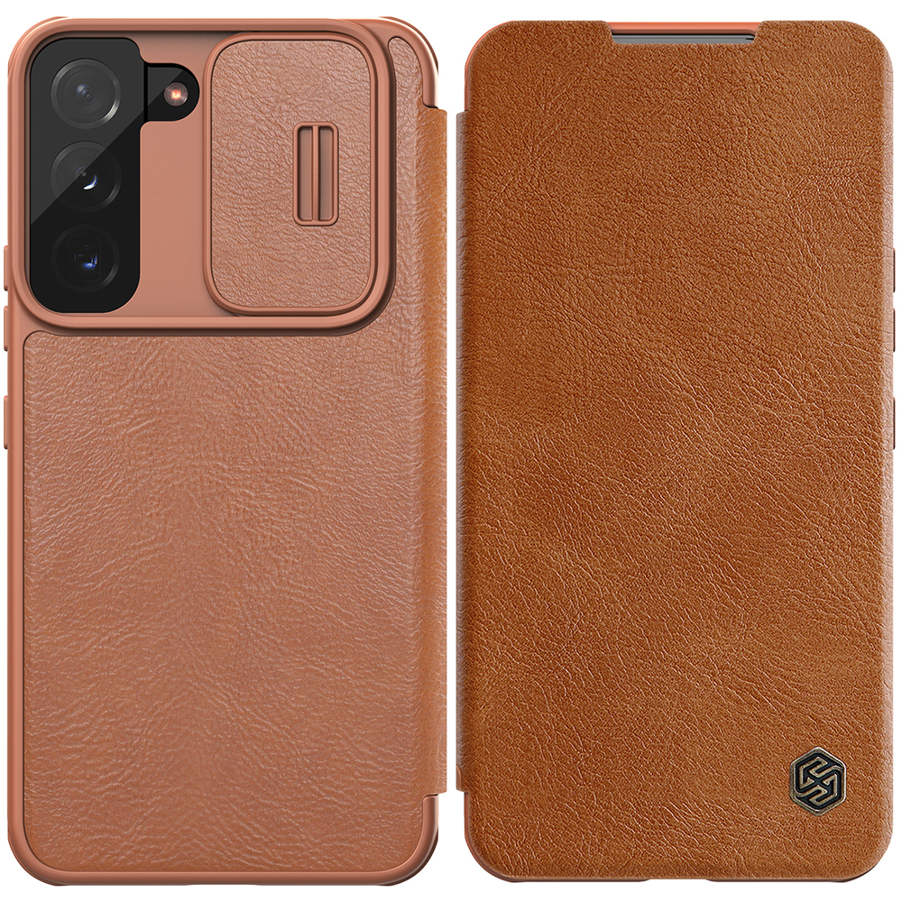 Nillkin Qin nahast Pro Case ümbris Samsung Galaxy S22+ (S22 Plus) kaamera kaitsja Holster Cover Flip Case Brown